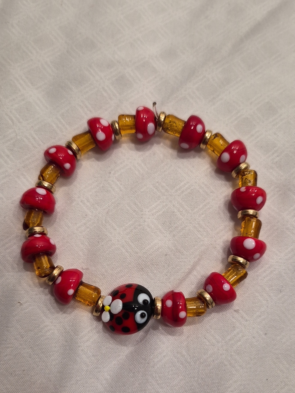 Red Ladybug Glass Beaded Stretch Bracelet